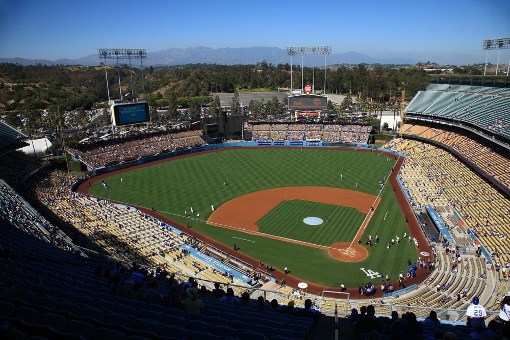 Aerial view of the Dodger Stadium with a game going on.