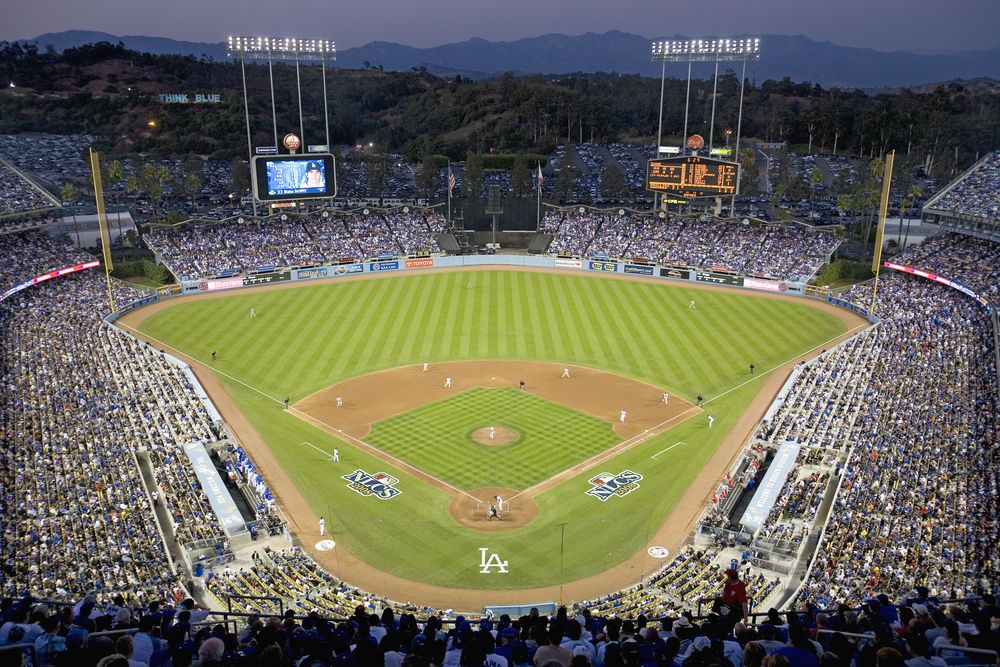 Aerial view of the full seats at Dodger Stadium.