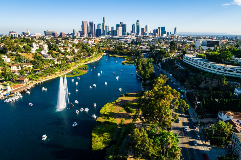Aerial view of the Echo Park Lake.