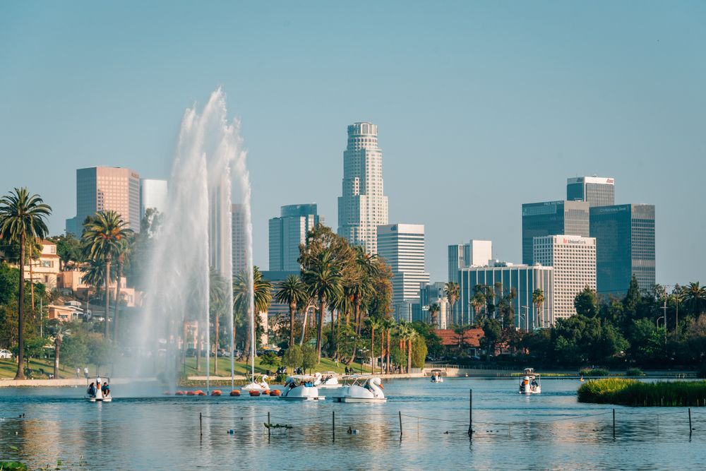 A large water fountain on Echo Park Lake.