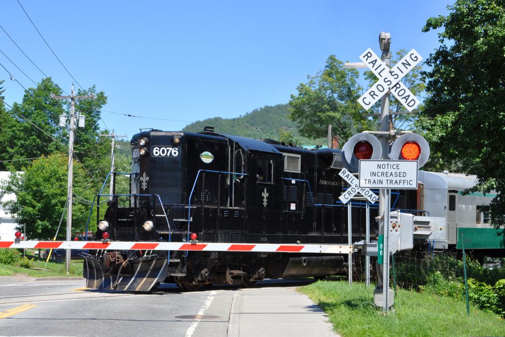 Railroad crossing at Adirondack Scenic Railroad