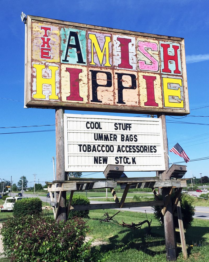 Signage of Amish Hippie