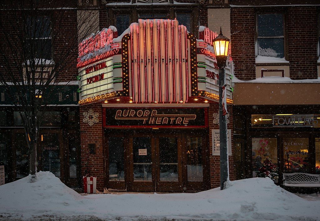 Aurora Theatre during snow fall