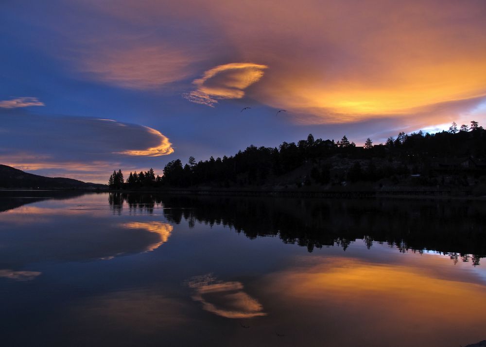 Sunset sky reflecting on Big Bear Lake