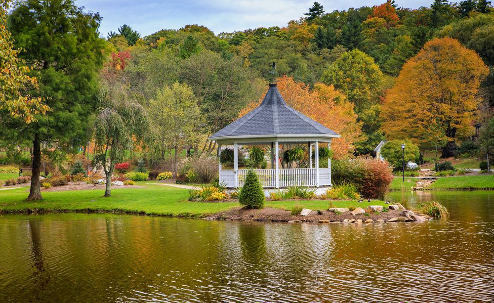 A gazebo near the waters of Broyhill Park