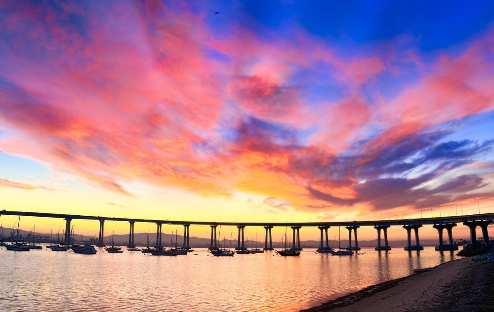 View of the Coronado Bridge during vibrant sunset