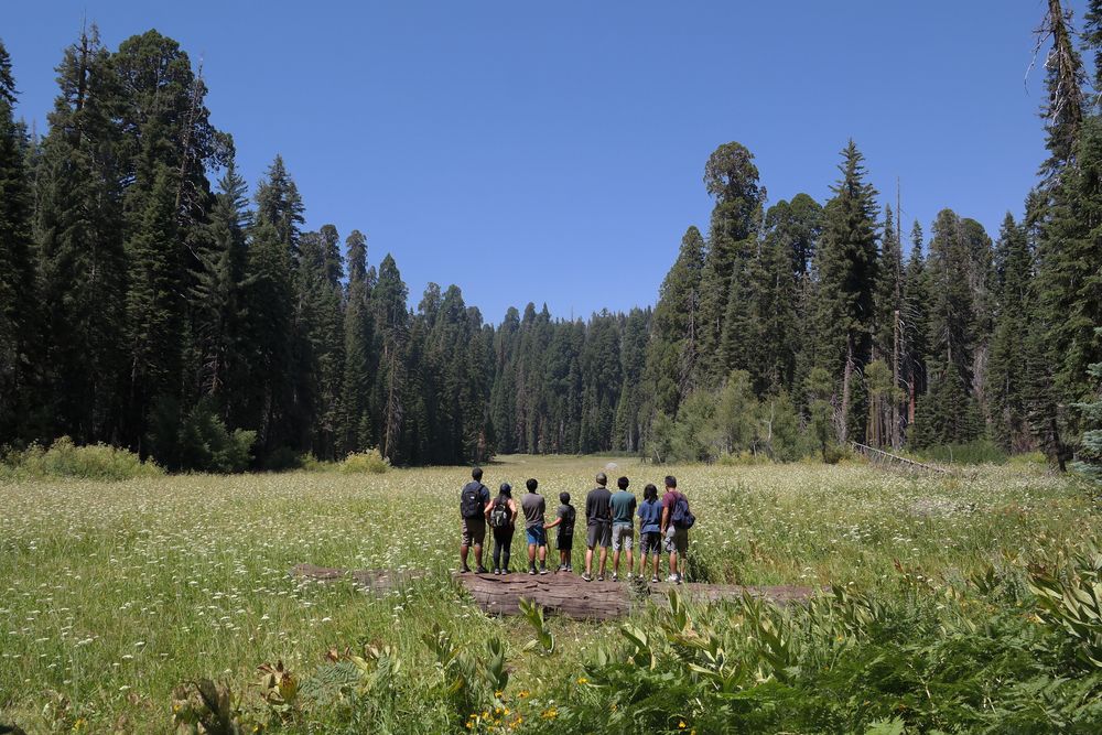 Hikers enjoying the view from Crescent Meadow