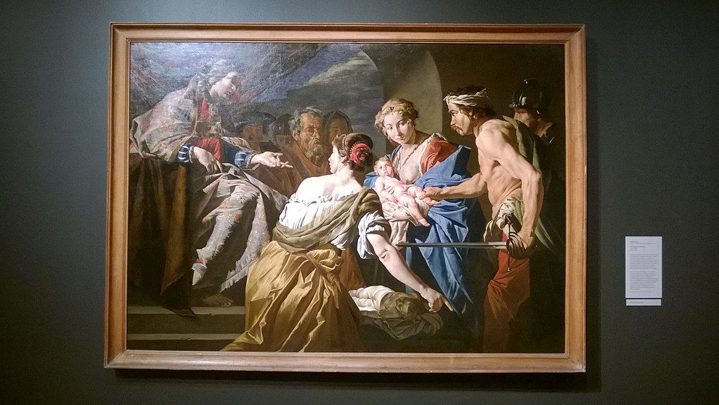 The judgement of Solomon painting displayed at Currier Museum of Art