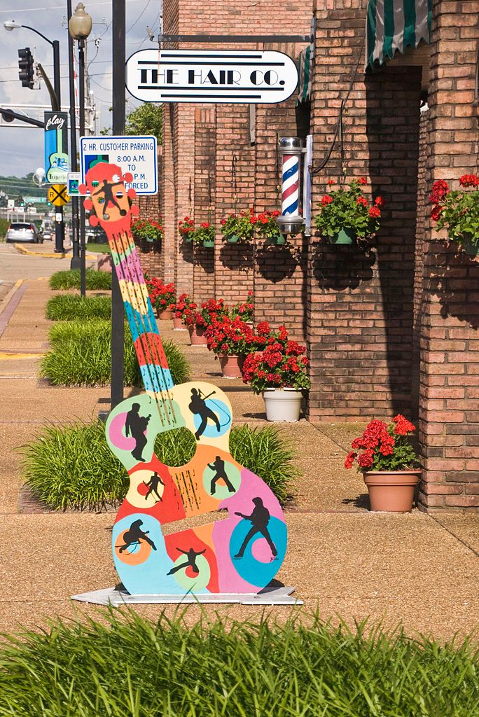 Street art display and Shops at Downtown Tupelo Main Street