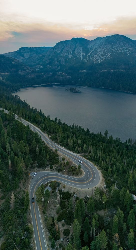 Aerial view of Emerald Bay State Park with Lake Tahoe and curvy road