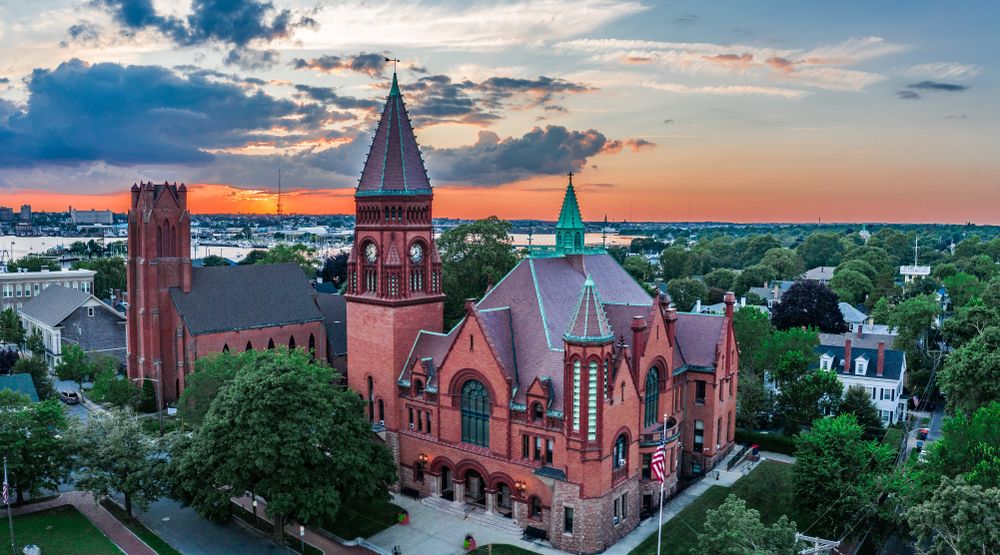 View of Fairhaven Town Hall during sunset