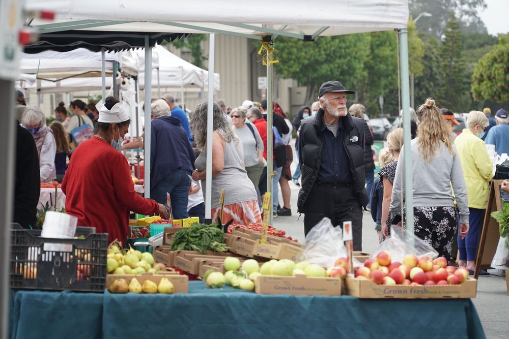 people shop for produce at the farmers market in Pacific Grove, CA