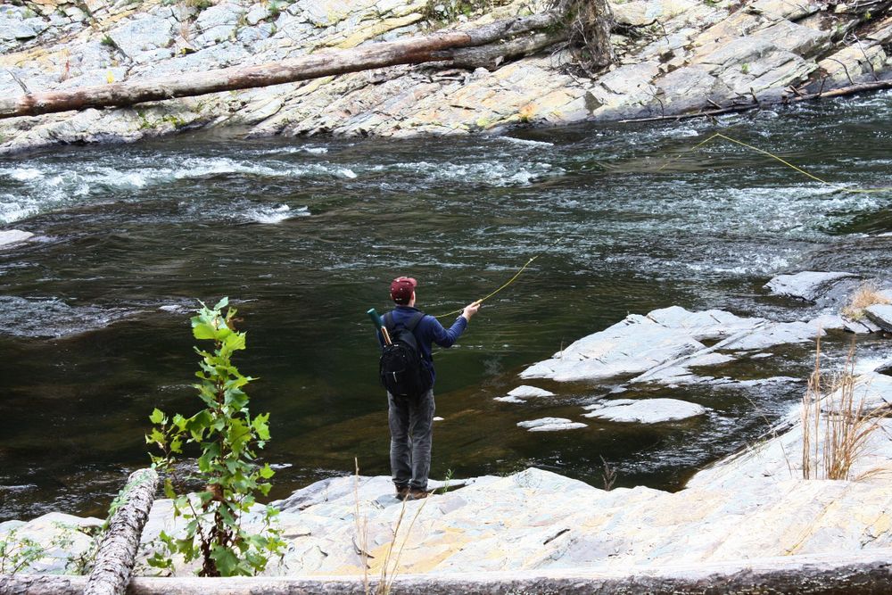 A man fly fishing on a river alone.