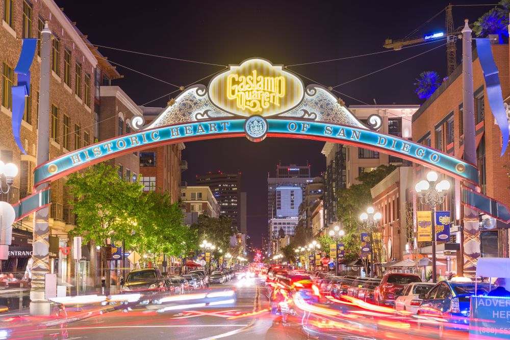 Night view of lit up streets in Gaslamp Quarter