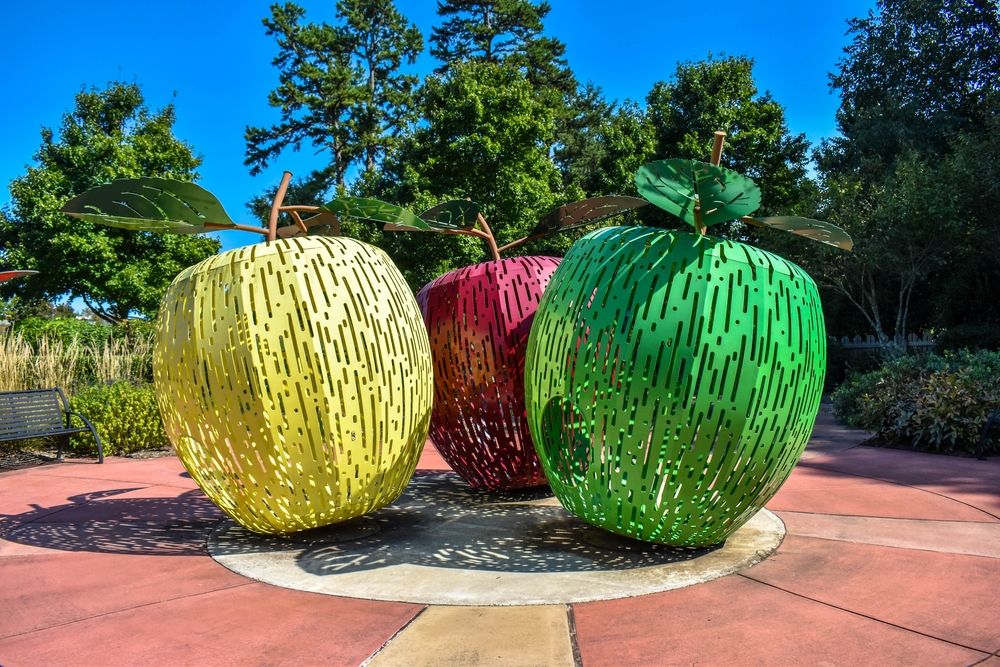 Sculpture of colorful apples at Gateway Gardens