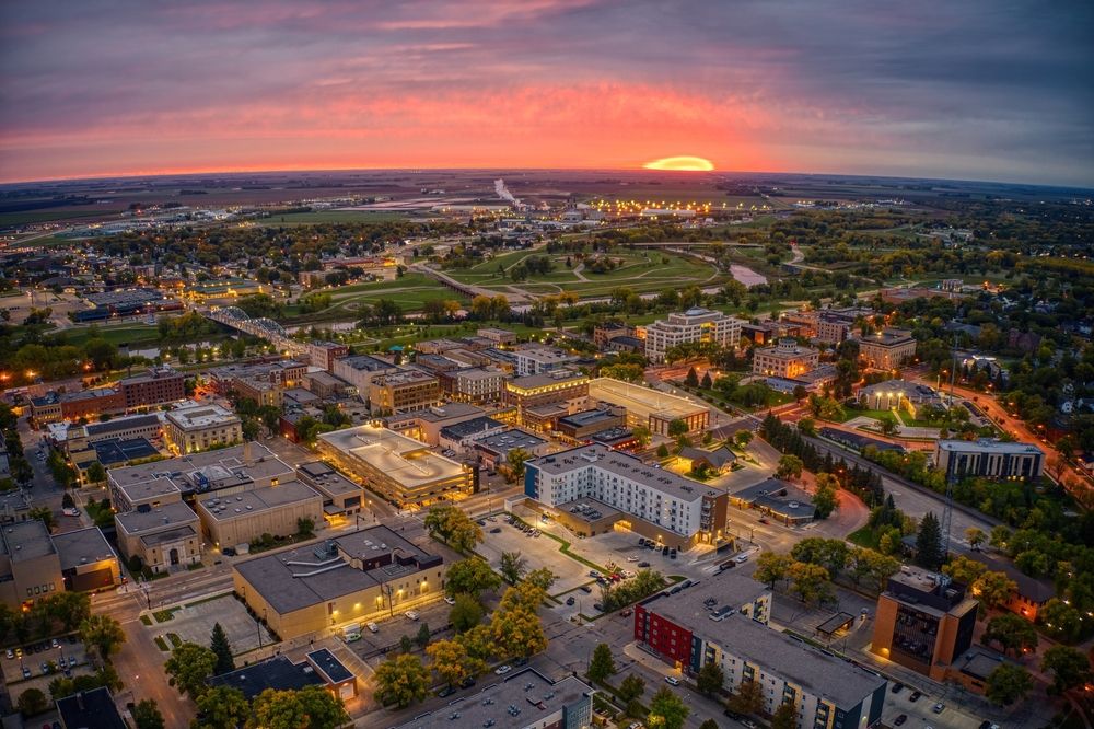 Aerial view and night ligts of Grand Forks Town Square