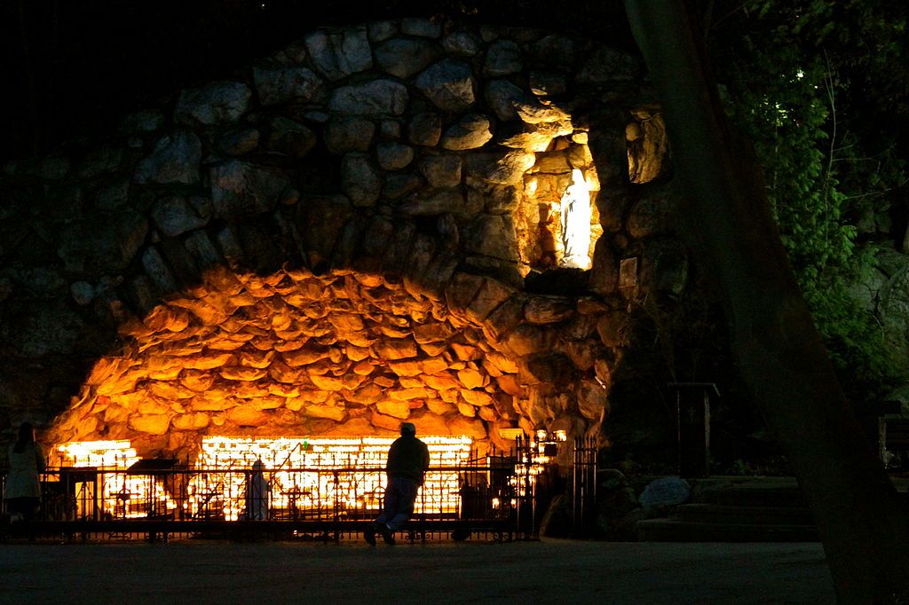 Night view of Grotto of Our Lady of Lourdes