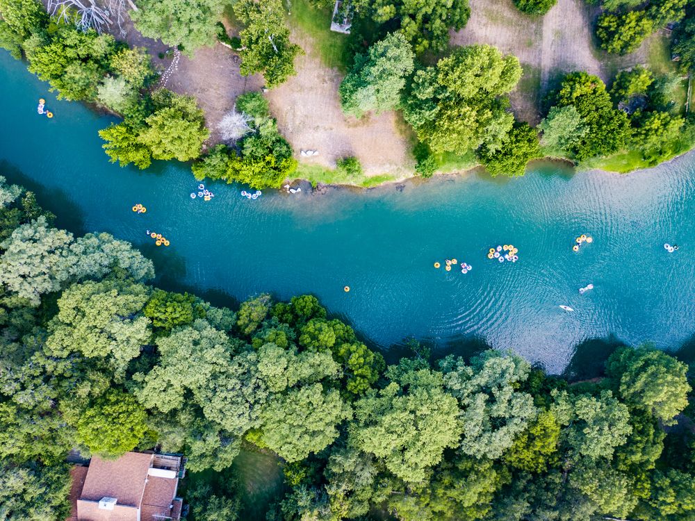 Aerial view of tubing in Guadalupe River