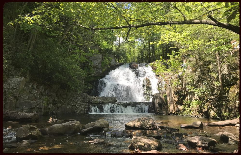 The view of Hawk Falls with rushing water cascading down.