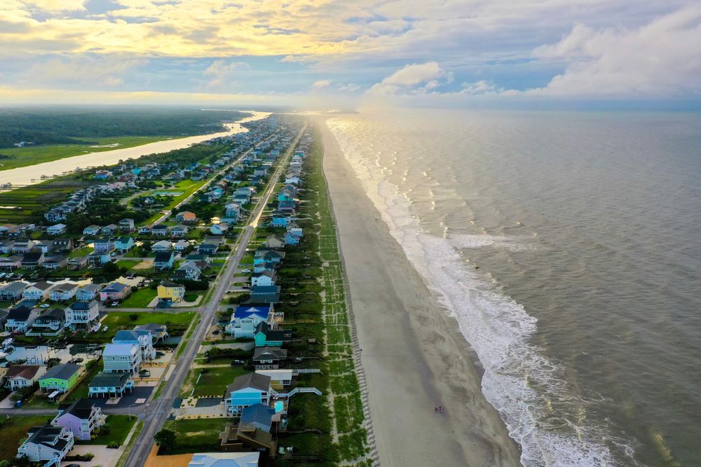 Aerial view of Holden Beach and houses.