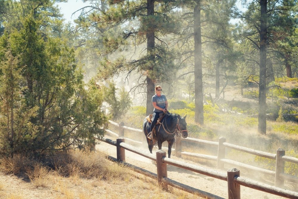 A woman riding horse in a dusty trail at Bryce Canyon