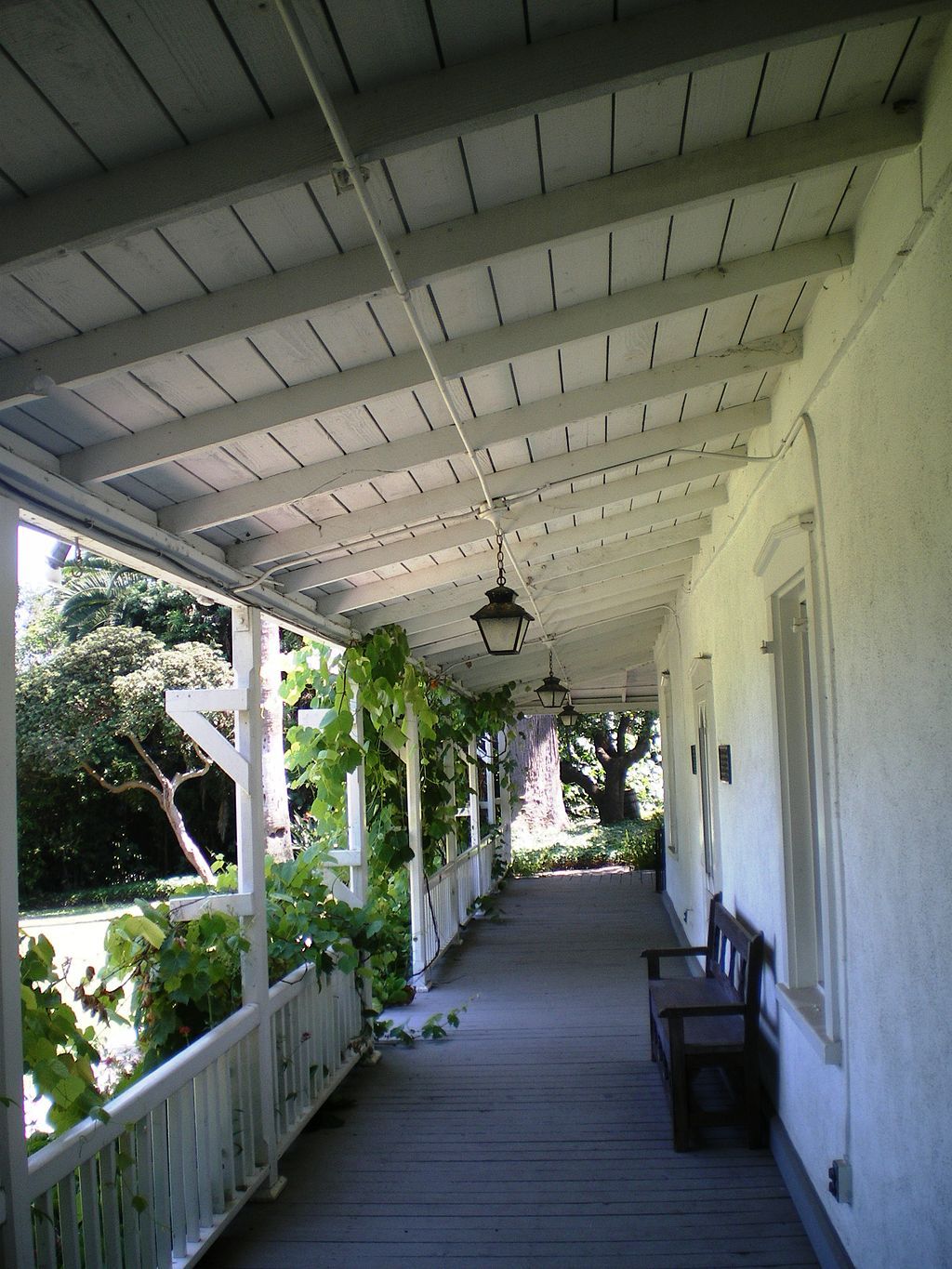 A wooden chair on Centinela Adobe's front porch