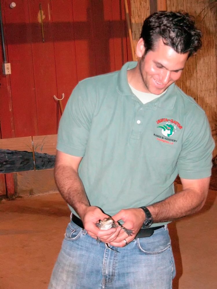 Worker holds a baby alligator at Insta Gator Ranch
