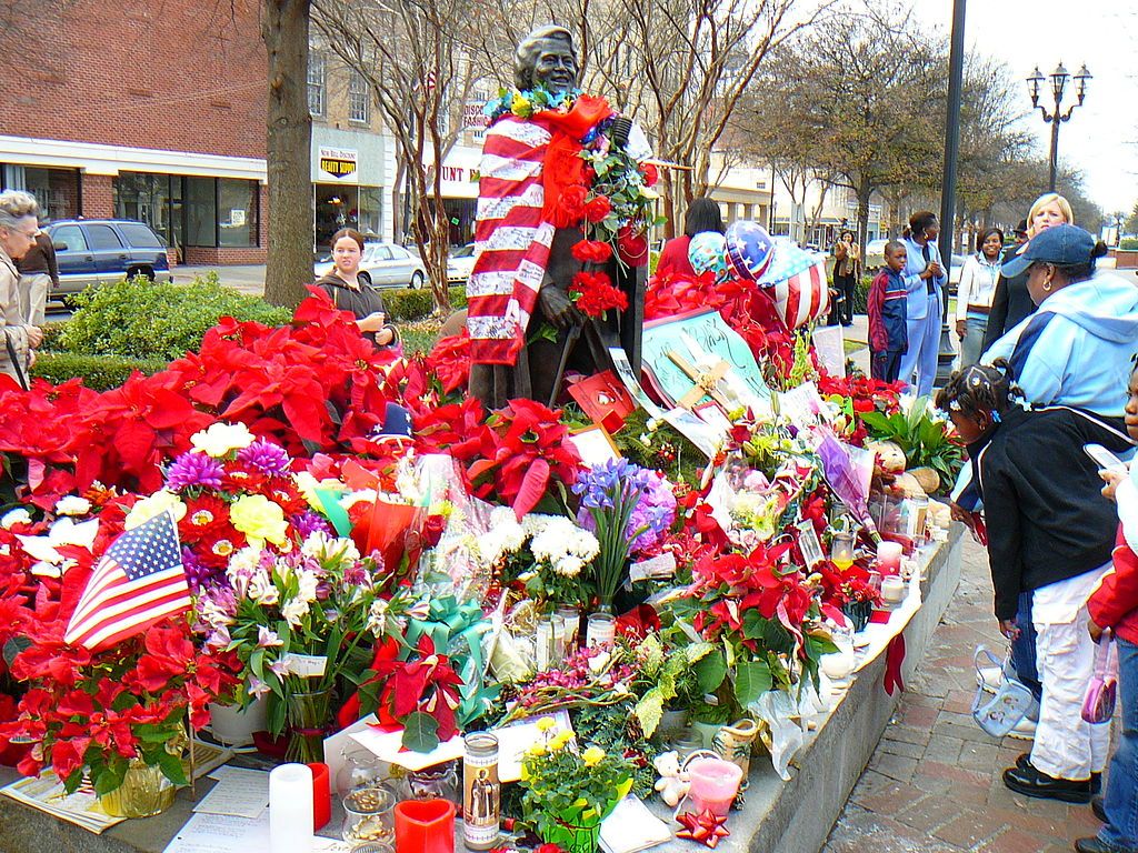 James Brown Monument decorated with beautiful flowers