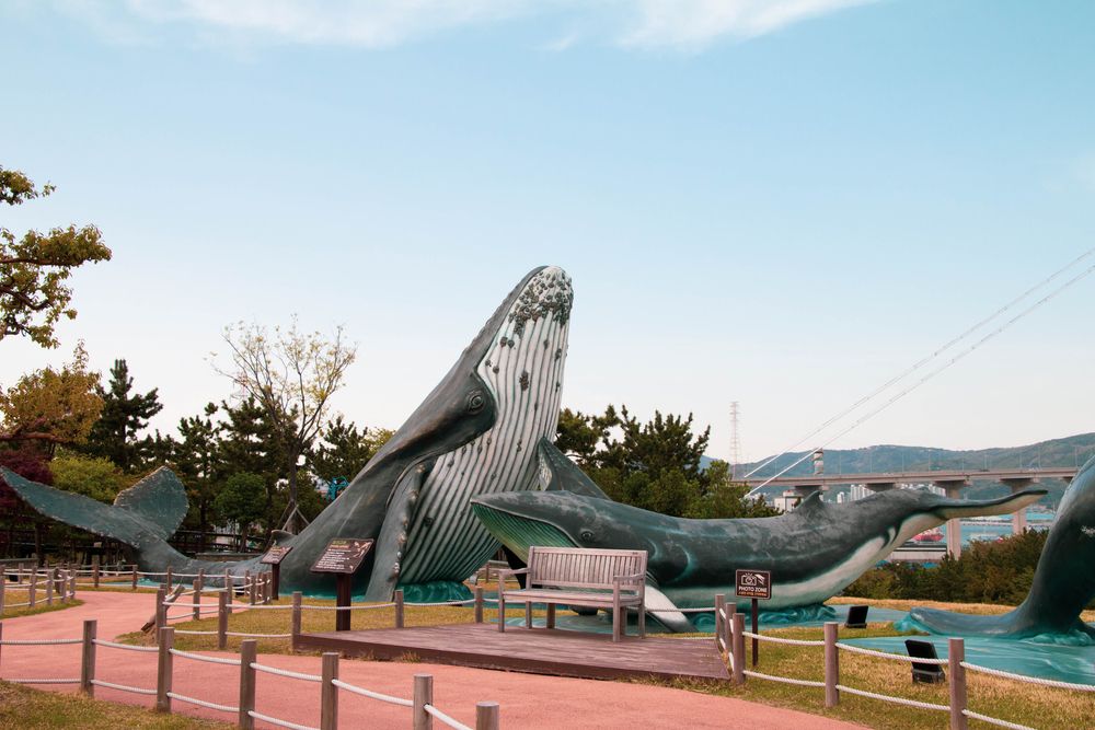 Whale sculpture on the grounds of Jangsaengpo Whale Culture Village