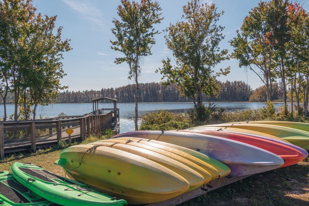 Kayak boats on the grounds of Lake Louisa State Park