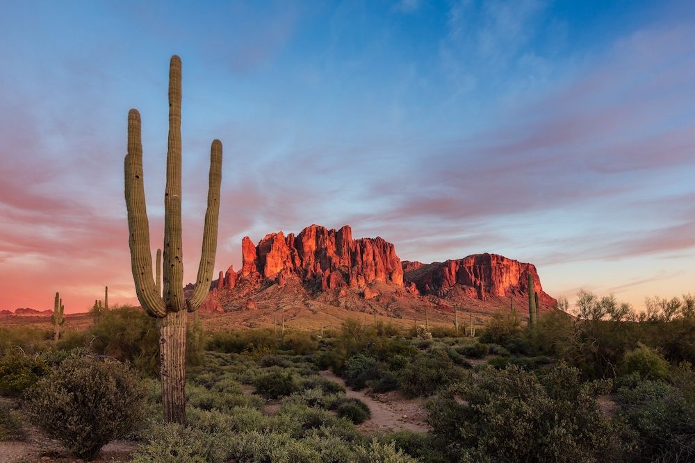 The Superstition Mountains at sunset in Lost Dutchman State Park, Arizona with cactus in foreground