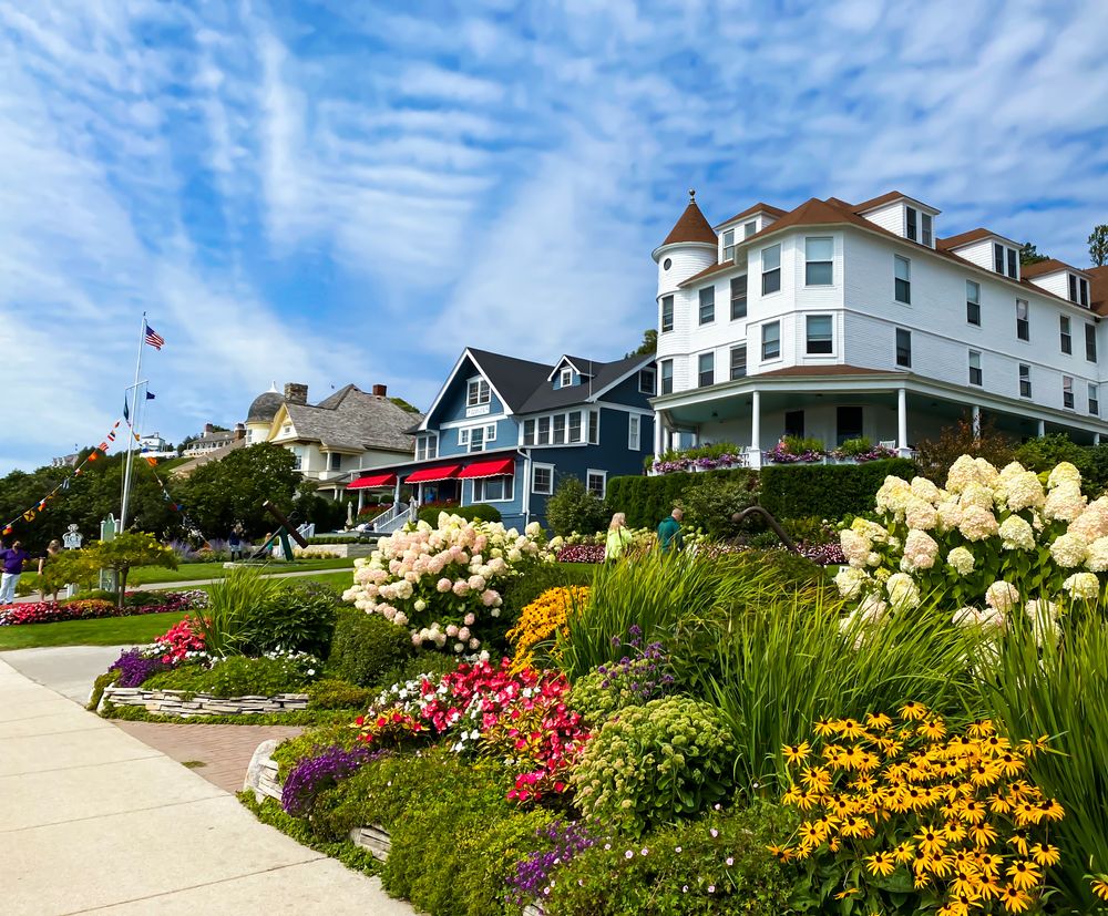 Colorful flowers in front of the houses at Mackinac Island