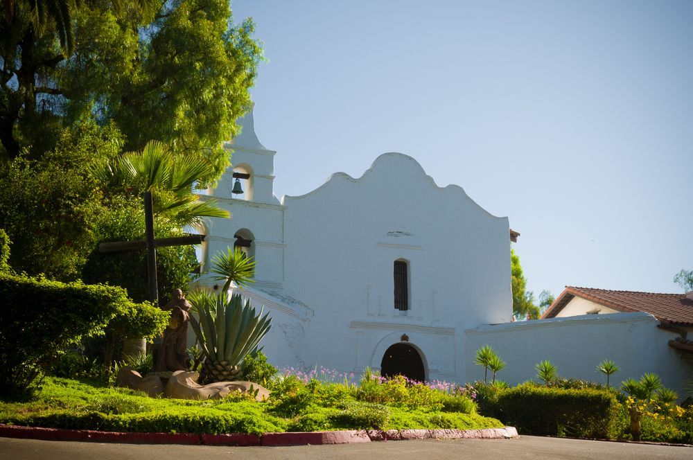 Beautiful white architecture of Mission San Diego de Alcala