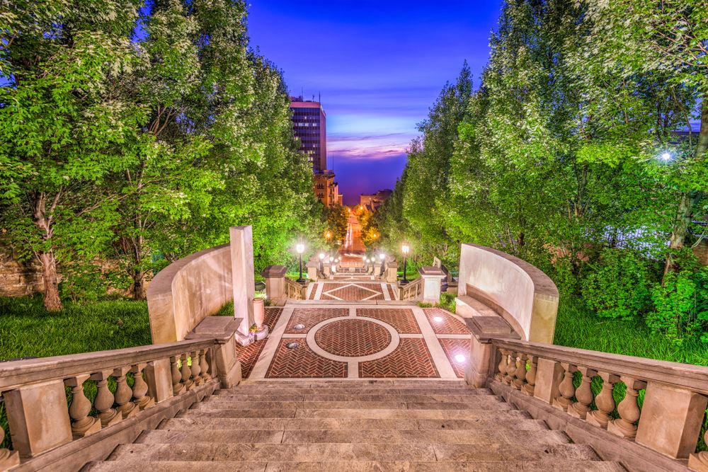 Steps at Monument Terrace lit up during night