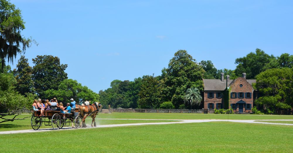 A horse carriage approaching the House museum at Middleton Place