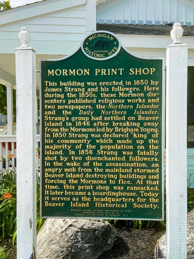 Information board placed infront of Old Mormon Print Shop Museum