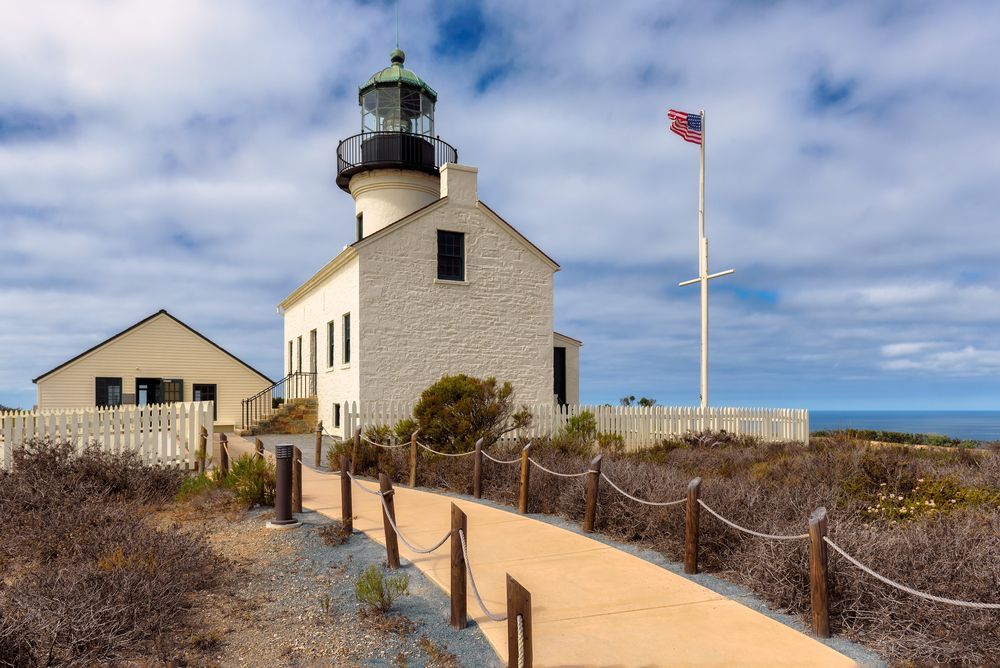 The bright building of Old Point Loma Lighthouse