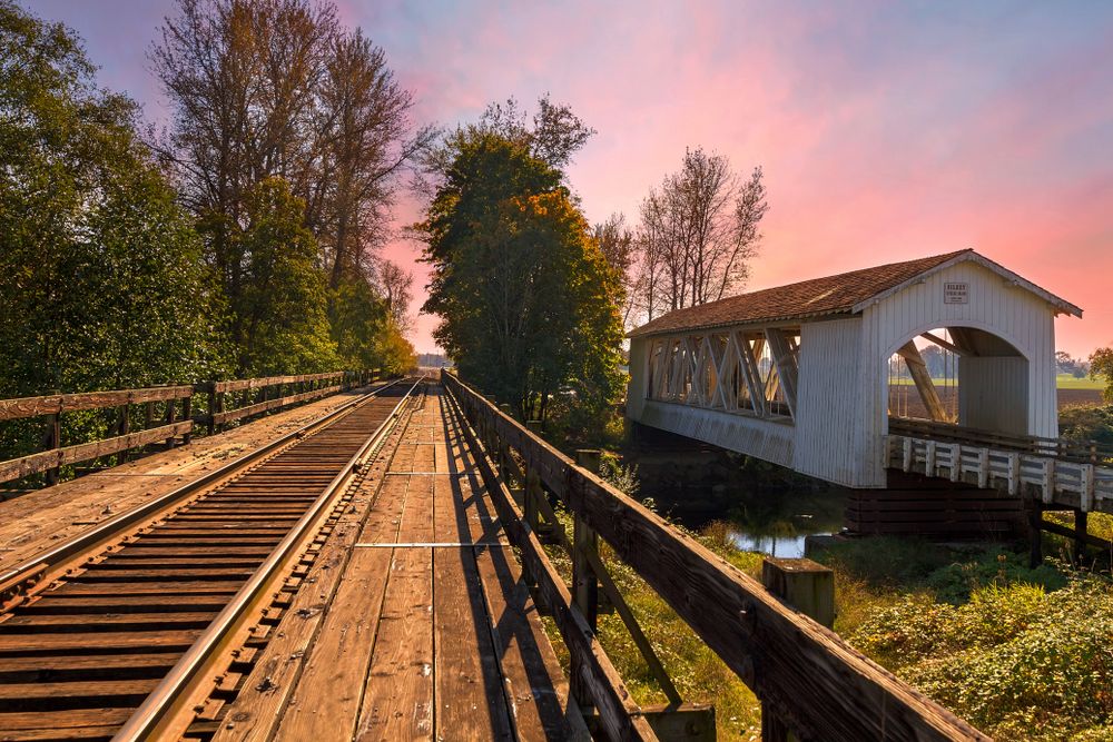 Scenic view of the railway bridge at Oregon during sunset