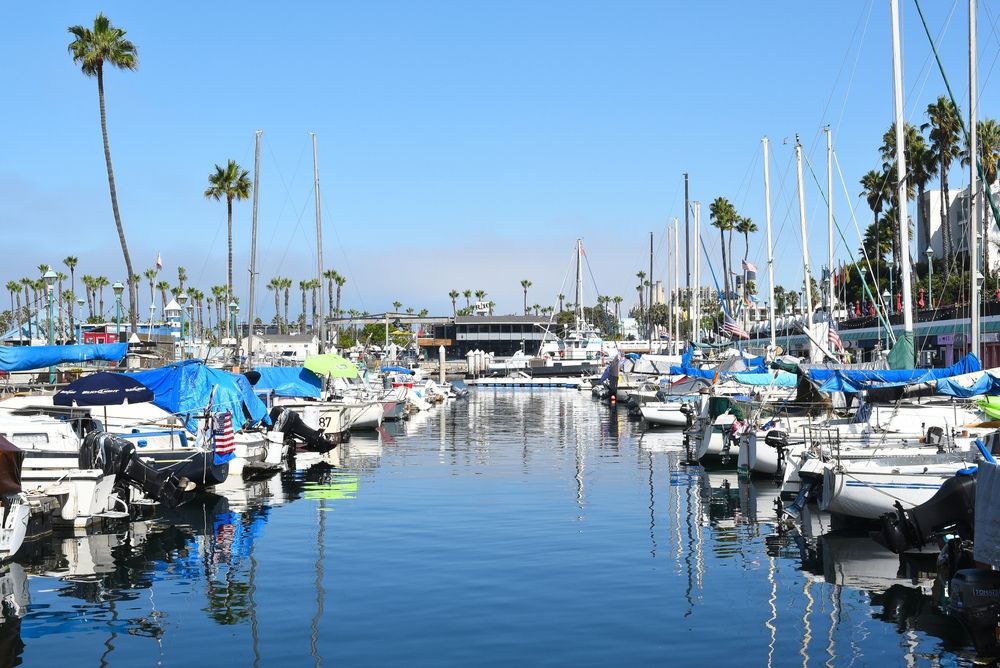 Boats docked on Redondo County Beach marina