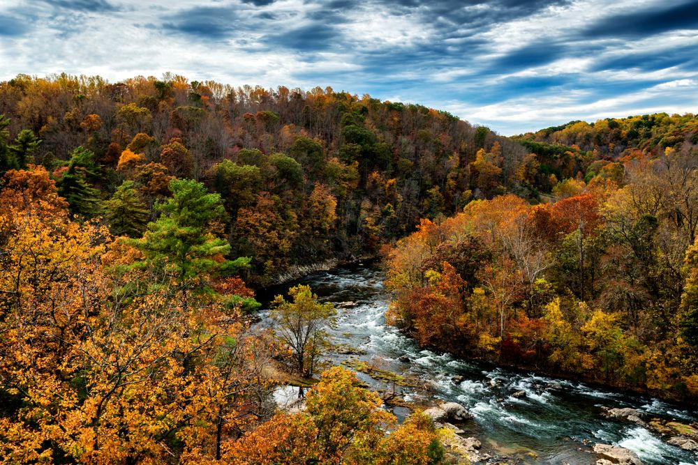Roanoke River running through Blue Ridge Parkway National Park during Autumn.