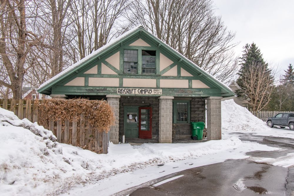 Exterior of a house at Roycroft Campus during winter