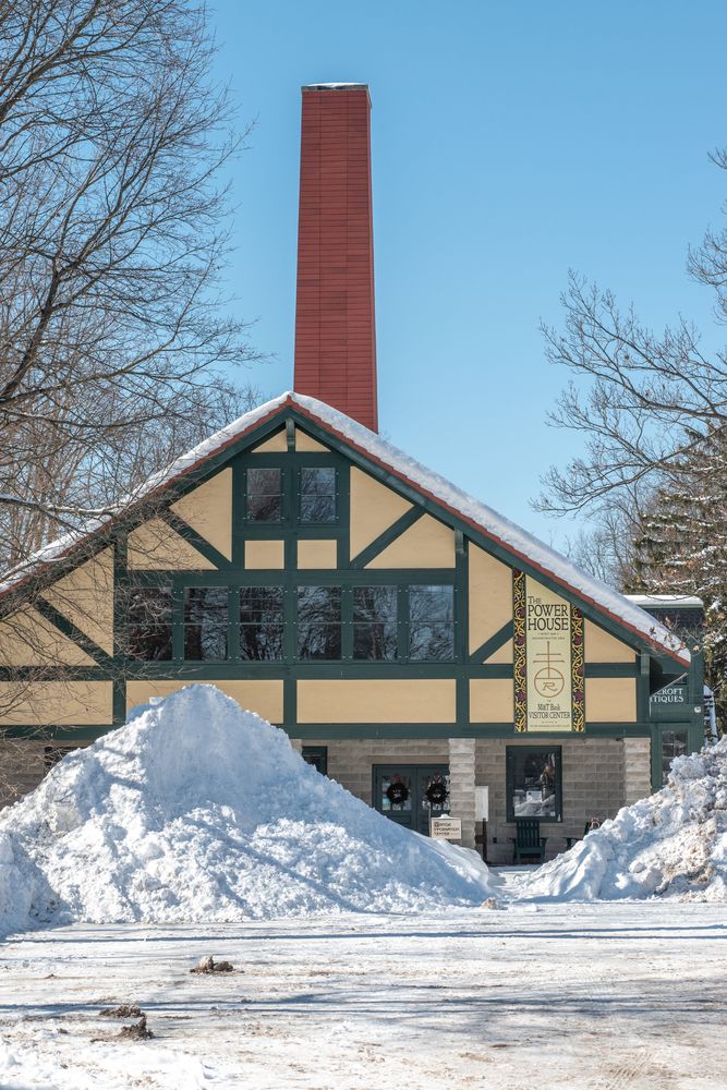 Snow covered power house at Roycroft Campus