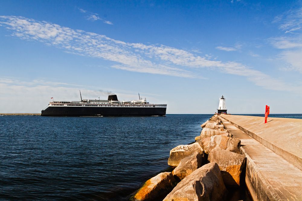 S.S. Badger passing close to the pier