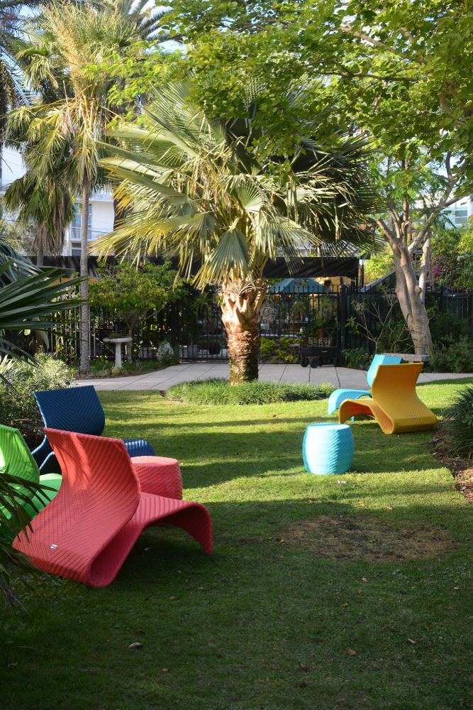Colorful chairs under Miami Beach Botanical Garden's palm trees