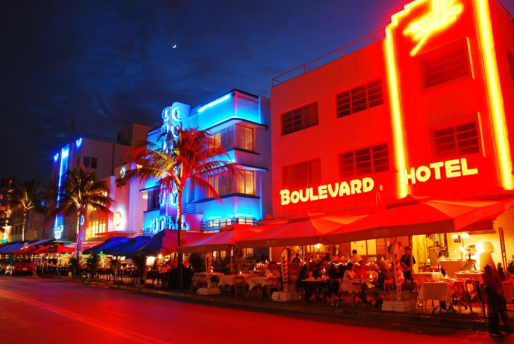 Neon lights of Ocean Drive buildings