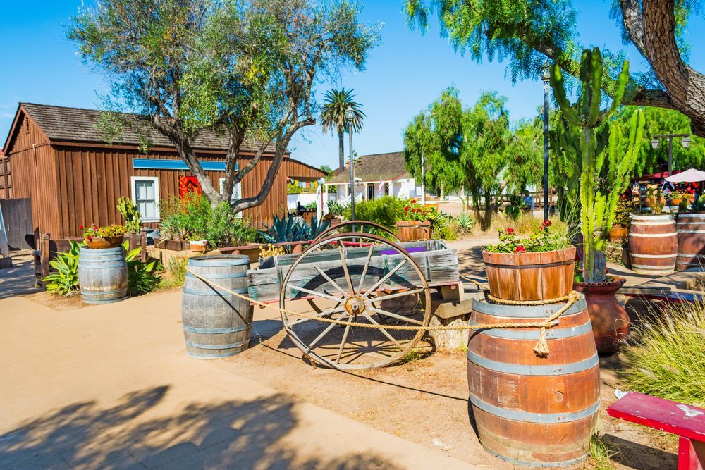 Whell barrows and wooden barrels at San Diego Old Town
