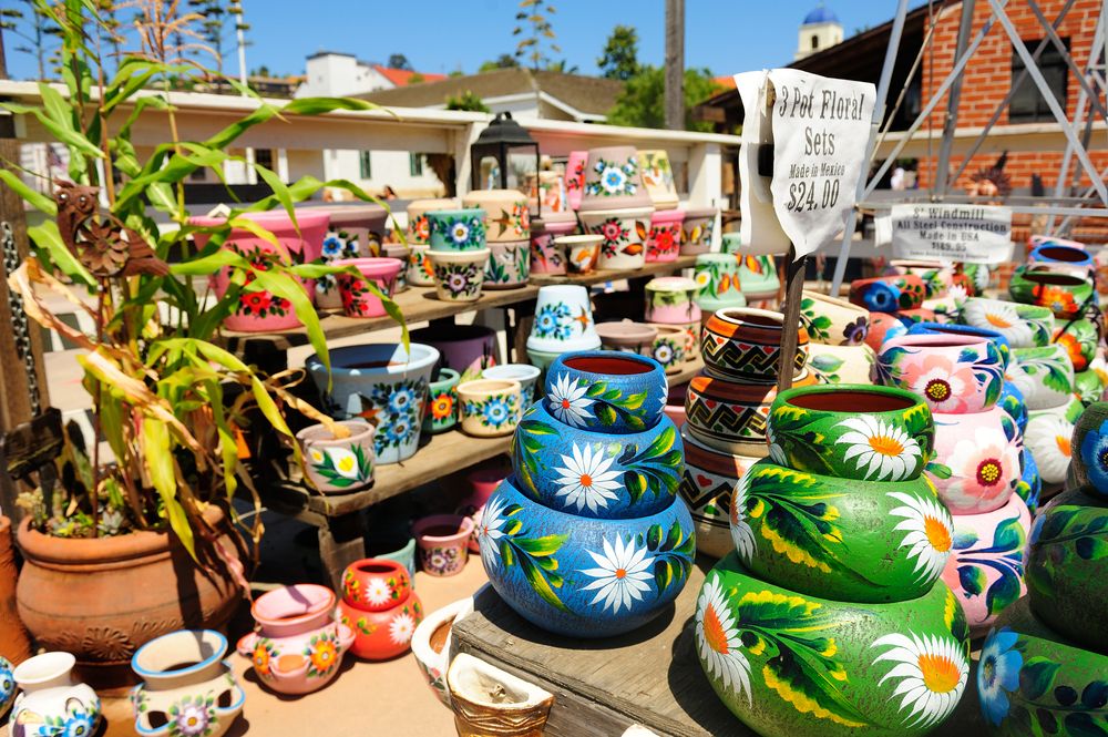 Colorful hand painted pots kept for sale at San Diego Old Town