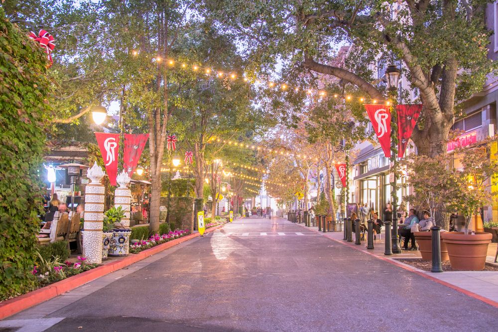 Santana Row decorated with lights