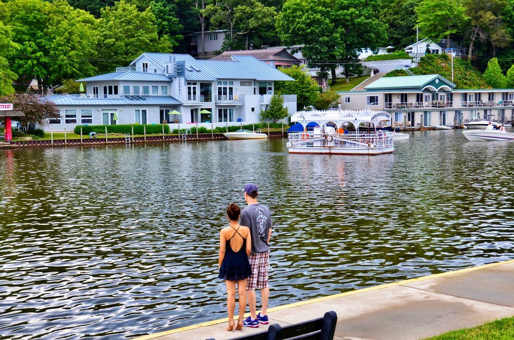 A couple waiting to board the Saugatuck Chain Ferry