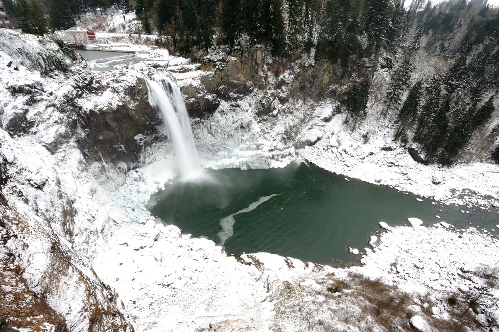 Snow covered Snoqualmie Falls